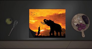 Inductieplaat Beschermer - Silhouet van Olifant met Persoon en Vogels in Afrika - 60x52 cm - 2 mm Dik - Inductie Beschermer met zwarte kern