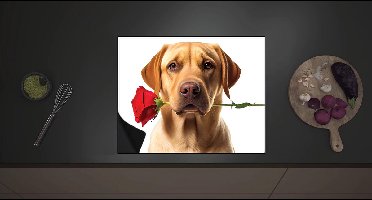 Inductieplaat Beschermer - Romantische Golden Retriever Hond met Roos tegen Witte Achtegrond - 60x52 cm - 2 mm Dik - Inductie Beschermer met zwarte kern