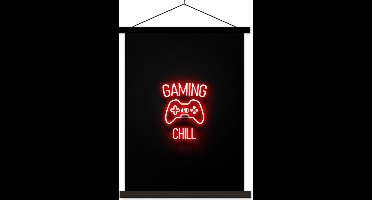 Posterhanger incl. Poster 90x120 cm - Schoolplaat - Gaming - Quotes - Gaming and chill - Neon - Rood - Textielposter - Zwarte latten