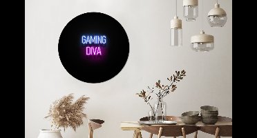 WallCircle - Wandcirkel - Muurcirkel - Gaming - Quotes - Neon - Gaming diva - Vrouwen - Aluminium - Dibond - 90x90 cm - Binnen en Buiten