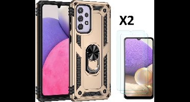 Hoesje Geschikt Voor Samsung Galaxy A33 Hoesje Anti-Shock Hybrid Armor hoesje Goud - Hoesje Geschikt Voor Samsung Galaxy A33 5G kickstand Ring houder TPU backcover hoesje - met screenprotector Galaxy A33 5G - 2 pack