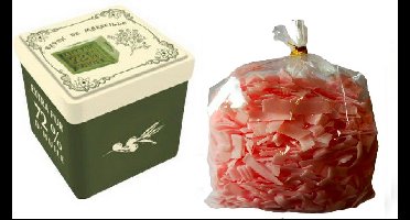 Metalen zeepblik vierkant met opdruk Savon de Marseille met zeepvlokken rozengeur – Vintage voorraadblik – Franse handzeep – Marseille zeep Marseillezeep