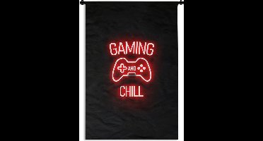 Wandkleed - Wanddoek - Gaming - Quotes - Gaming and chill - Neon - Rood - 120x180 cm - Wandtapijt