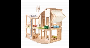 PlanToys Houten Speelgoed Groen poppenhuis met meubels.