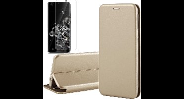 Hoesje geschikt voor Samsung Galaxy S20 Ultra - Screen Protector GlassGuard - Book Case Kunstleer ThinShield Goud & Screenprotector