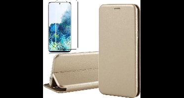 Hoesje geschikt voor Samsung Galaxy S20 Plus - Screen Protector GlassGuard - Book Case Kunstleer ThinShield Goud & Screenprotector
