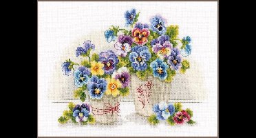 Vervaco - Telpakket kit - Vaasjes met viooltjes - PN-0146578 - Borduren - Borduurpakket - Borduurpakket volwassenen