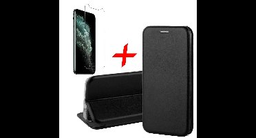 Hoesje geschikt voor iPhone 11 pro - book case cover Kunstleer wallet zwart + Screenprotector glas tempered glass screen protector full screen