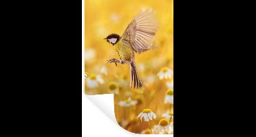 Muurstickers - Sticker Folie - Vogel - Koolmees - Bloemen - Margriet - 20x30 cm - Plakfolie - Muurstickers Kinderkamer - Zelfklevend Behang - Zelfklevend behangpapier - Stickerfolie