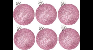 6x stuks kunststof glitter kerstballen roze 8 cm - Onbreekbare plastic kerstballen