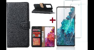 Hoesje Geschikt Voor Samsung Galaxy S20 FE 2022 hoesje - bookcase Zwart - Galaxy S20 FE wallet case portemonnee hoesje - S20 FE book case hoes cover Met 2X screenprotector / tempered glass