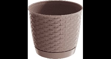 Ronde gevlochten plantenpot/bloempot kunststof dia 16.5 cm en hoogte 14 cm in het taupe