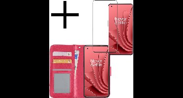 Hoesje - Met Screenprotector - Geschikt voor OnePlus 10 Pro - Luxe Pasjeshouder - Bookcase Portemonee - Flip Case - Kunstleer Book Case - Flipcase - Book Cover - Walletcase - Portemonneehoes - Donkerroze