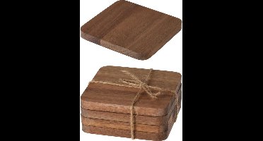 Excellent Houseware Glazenonderzetters - 4x - bruin - acacia hout - 10 cm - vierkant