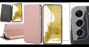 Hoesje geschikt voor Samsung Galaxy S22 Plus - Book Case Kunstlederen Wallet Cover Minimalistisch Pasjeshouder Hoes Roségoud - Tempered Glass Screenprotector - Camera Lens Protector