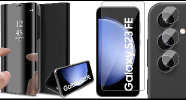 Hoesje geschikt voor Samsung Galaxy S23 FE - Screenprotector Glas & Camera - Spiegel Book Case Zwart