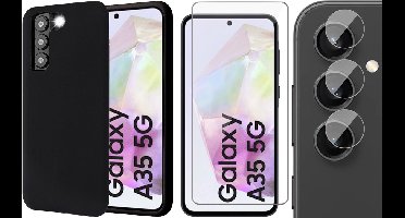 Hoesje geschikt voor Samsung Galaxy A35 - Screenprotector Glas & Camera - Mat Back Case Zwart