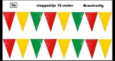6x PVC Vlaggenlijn rood/geel/groen 10 meter - BRANDVERTRAGEND - Carnaval thema feest festival evenement