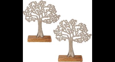 2x Stuks decoratie levensboom van aluminium op houten voet 33 cm zilver - Tree of life