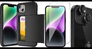 Hoesje met Pasjeshouder geschikt voor iPhone 15 Plus - Screenprotector GlassGuard & Camera Lens Screen Protector Zwart - Back Cover SlideCase Zwart