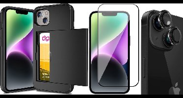Hoesje met Pasjeshouder geschikt voor iPhone 15 - Screenprotector FullGuard & Camera Lens Screen Protector Zwart - Back Cover SlideCase Zwart