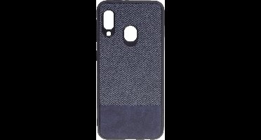 Shop4 - Samsung Galaxy A20e Hoesje - Zachte Back Case Denim en Leer Donker Blauw