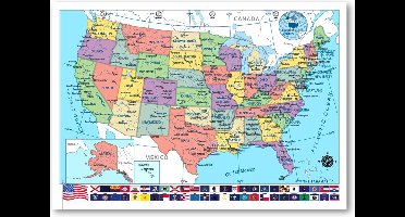 Amerika kaart poster - USA - Educatief - Verenigde Staten - UV lak - 70 x 100 cm - Vlaggen