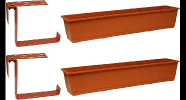 Set van 3 kunststof plantenbakken terracotta rechthoekig 80 cm met 6 verstelbare railing beugels