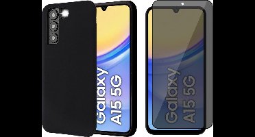 Hoesje geschikt voor Samsung Galaxy A15 - Privacy Screenprotector Volledig Dekkend Glas - Mat Back Case Zwart
