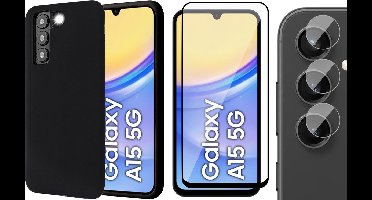 Hoesje geschikt voor Samsung Galaxy A15 - Screenprotector Volledig Dekkend Glas & Camera - Mat Back Case Zwart