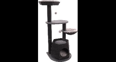 Krabpaal – Flamingo Berliot Zwart – 90 × 65 × 118 cm – papieren krabtouw – met hangmat, ligplateaus & schuilplaats – voor katten
