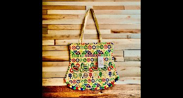 Schoudertas - Vedantan - Damestas - 35 x 40 cm - Katoen - kleurrijk borduurwerk - picknicktas - Leuke Strandtas - Klein - Schattige - Vrolijke print - Twee handvaten