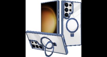 Hoesje Geschikt voor Samsung Galaxy S23 Ultra hoesje Blauw - kickstand Draaibare Ring Houder - Geschikt voor Draadloos Opladen met Magnetische Ring