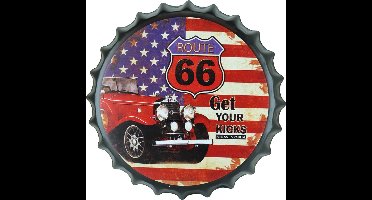Get your kicks bottle cap - Wandbord rond - Muurplaat - Tekstbord - Wandbord mancave - bierdop - Route 66 - 35cm - Cave & Garden