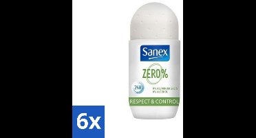 Sanex Zero% - Deodorant Roller - 24h Beschermend - 0% Aluminiumzouten & Alcohol - Respect & Controle - 50 ml - Voordeelverpakking - 6 stuks