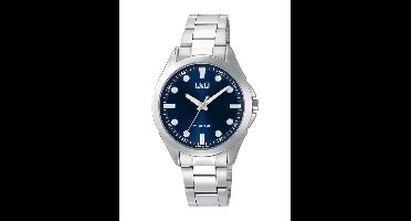 Q&Q C04A-037PY - Horloge - Polshorloge - Analoog - Heren - Mannen - stalen band - Rond - Metaal - Streepjes - Cijfers - Stippen - Zilverkleurig - DonkerBlauw - Wit