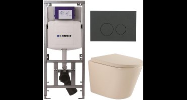 QeramiQ Dely Toiletset - 36.3x51.7cm - diepspoel - rimless - Geberit UP320 inbouwreservoir - softclose toilet zitting 35 mm - bedieningsplaat mat antraciet - ronde knoppen - mat beige
