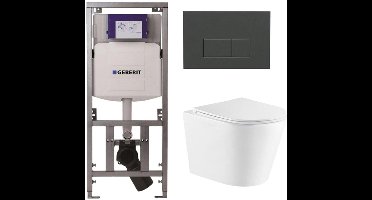 QeramiQ Dely Toiletset - 36.3x51.7cm - diepspoel - rimless - Geberit UP320 inbouwreservoir - met Burda frame - softclose toiletzitting - bedieningsplaat antraciet mat - rechtehoekige knoppen - wit glans