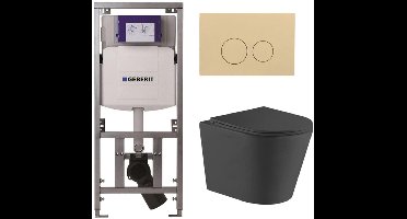 QeramiQ Dely Toiletset - 36.3x51.7cm - diepspoel - rimless - Geberit UP320 inbouwreservoir - met Burda frame - softclose toiletzitting - bedieningsplaat beige - ronde knoppen - zwart mat