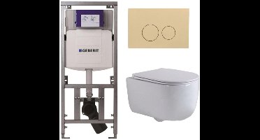 QeramiQ Dely Swirl Toiletset - 36.3x51.7cm - Geberit UP320 inbouwreservoir - met Burda frame - slim zitting - bedieningsplaat beige - ronde knoppen - wit glans