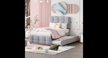 Gestoffeerd bed 90 x 200 cm, kinderbed met uitschuifbaar bed, verstelbaar hoofdeinde, huidvriendelijke linnen hoes, grijs