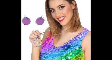 Hippie Flower Power verkleed accessoires set - ronde glazen bril paars - peace teken ketting - Sixties thema