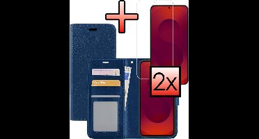 Hoesje - Met 2x Screenprotector - Geschikt voor Samsung Galaxy S25 Plus - Luxe Pasjeshouder - Bookcase Portemonee - Flip Case - Kunstleer Book Case - Flipcase Hoes - Book Cover - Walletcase - Portemonneehoes - Donkerblauw