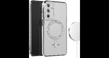 Hoesje met Diamantjes en Glitter Geschikt voor: Samsung Galaxy S24 Plus - MagSafe Glitter Hoesje - Zilver met Diamanten steentjes - Glamour Hoesje