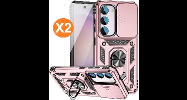 Hoesje Geschikt Voor Samsung Galaxy S23 FE hoesje Rose Goud met Ring Houder en camera bescherming - Met Screenprotector - 2 stuks