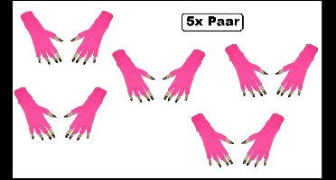 5x Paar handschoenen vingerloos fluor roze - Carnaval Feest festival thema feest party optocht themafeest