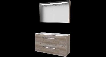 Basic Premium 46 badmeubelset met spiegelkast met geïntegreerde LED verlichting, onderkast met 2 lades, grepen en acryl wastafel met 2 kraangaten 120