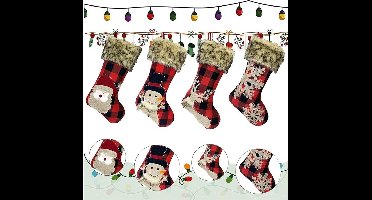 Set van 4 kerstkousen, grote kerstsokken, 46,5 cm, kerststokken, kerstsokken voor kinderen, sinterklaas, sokken om te vullen, open haard, sneeuwpop, kerstman, rendier, kerstboom