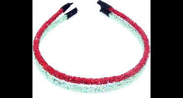 Diadeem rood-groen glitter dun set van 2 stuks.