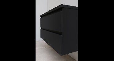 Basic Bella Badkamermeubelset - 100x55x46cm - 1 wasbak - Acryl - Wit - 2 kraangaten - Wandspiegel zonder verlichting - Melamine Zwart mat